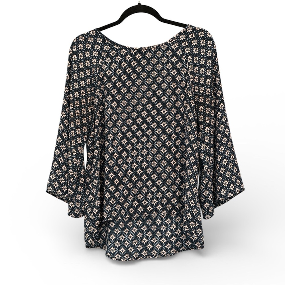 Papermoon Navy & White Patterned Blouse- zip up back - flowy sleeves
